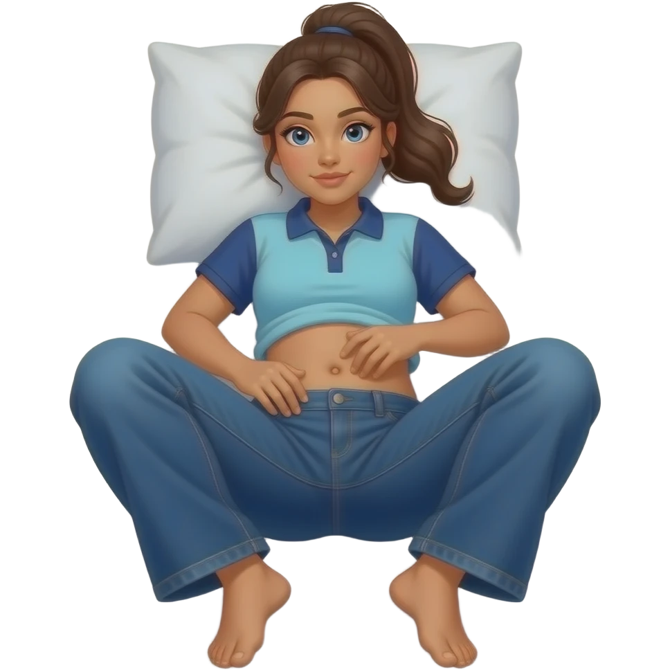 Hispanic girl with brown ponytail and blue eyes light blue and dark blue polo and dark blue baggy jeans and belly button laying down on her pillow on her bed showing her feet belly grabbing emoji