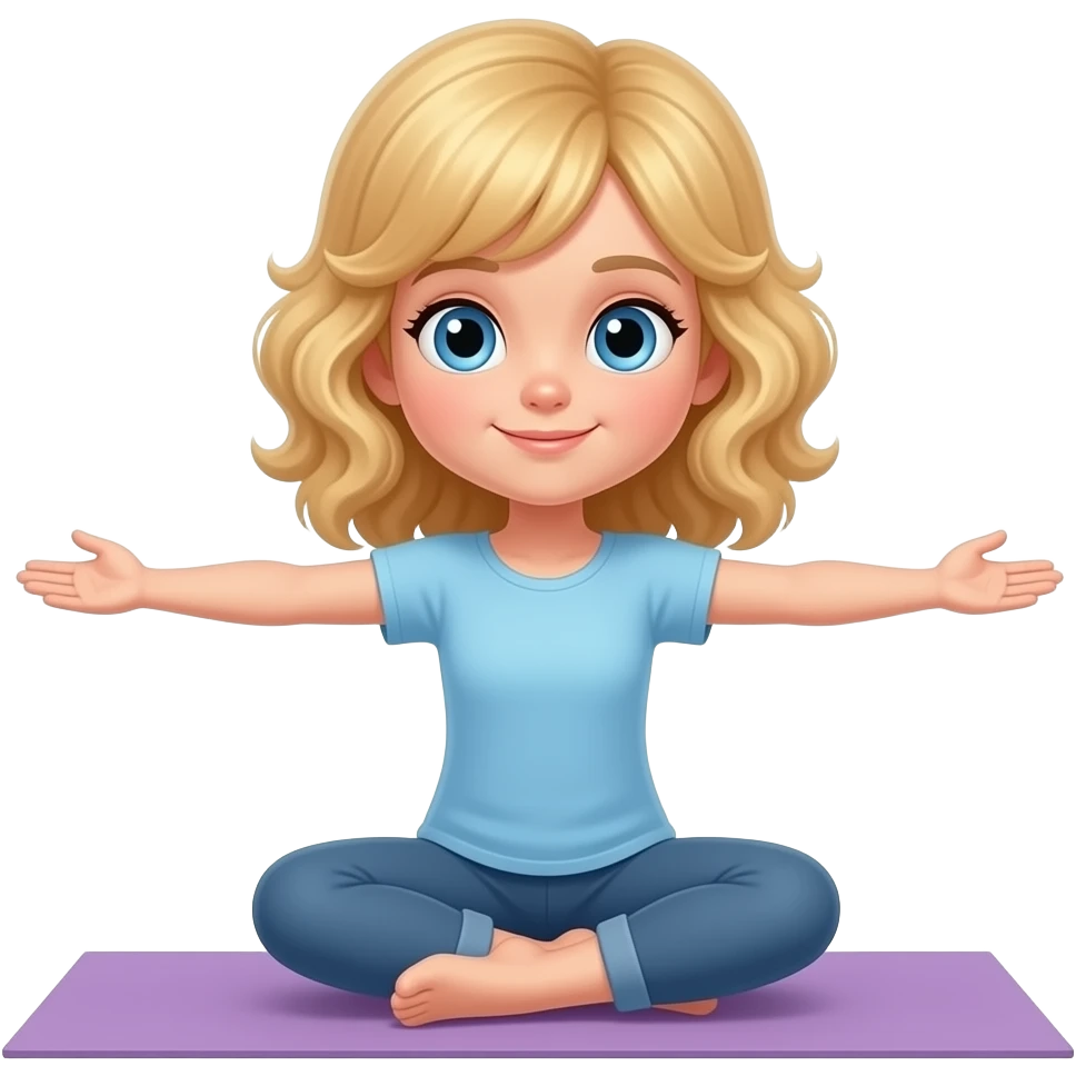 white kid blue eyes mid length hair to her shoulders with bangs soft curly hair to shoulders in color: middle to little darker blond, shoulder length. doing yoga emoji