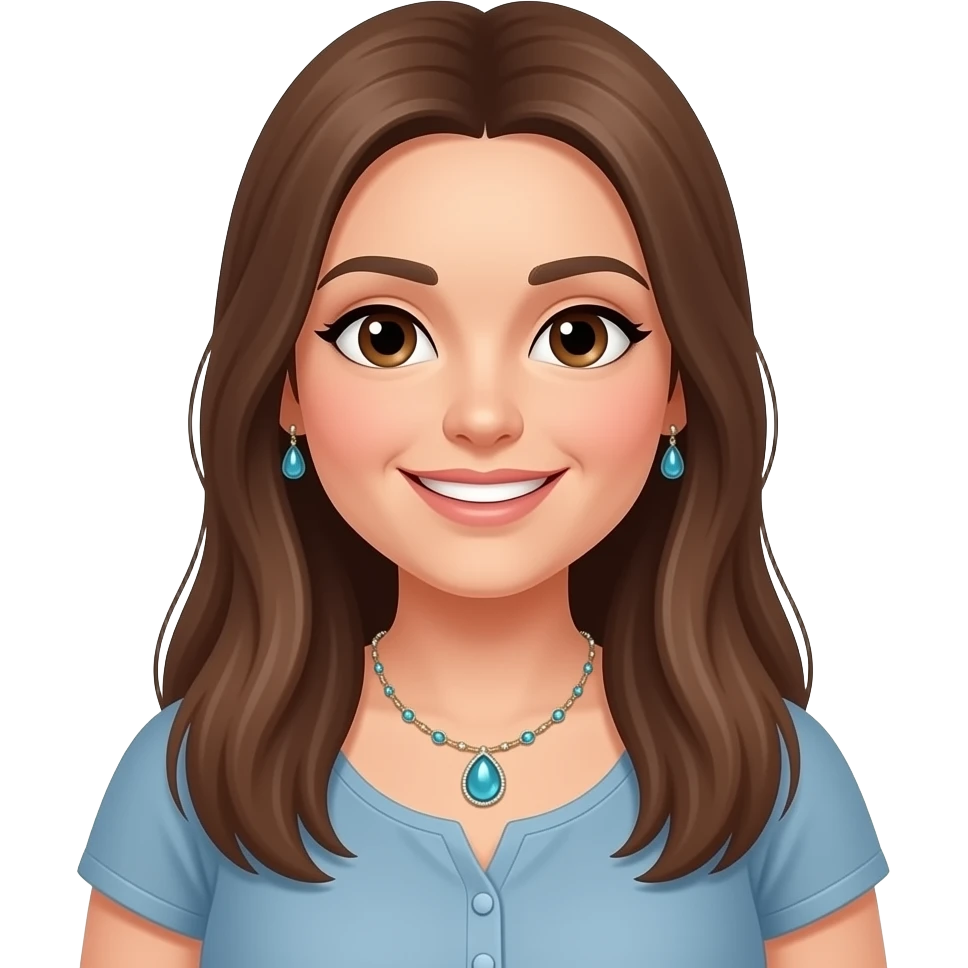 A woman in her 20s with long, straight brown hair, slightly overweight, cheerful, and a jewelry maker emoji