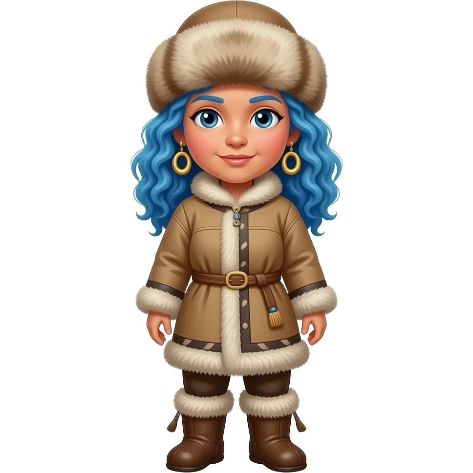 eskimo girl with blue curly hair and big earrings in classic eskimo outfit emoji