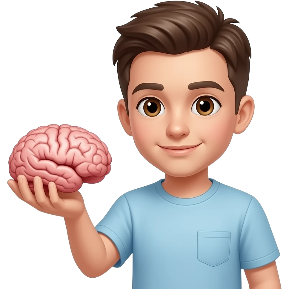 Shavedf boy with brown eyes holding a brain in his hand emoji