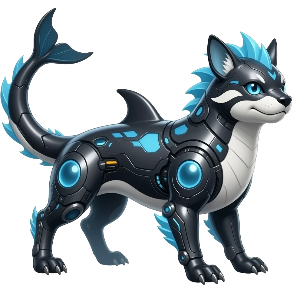Tough realistic Quadrupedal digitigrade shiny glossy smooth finned frilled gothic tall slim unique epic legendary shiny edgy cool cyberpunk-solarpunk-fantasy-Absol-Sprigatito-Vaporeon-Furret-Manectric-Mudkip-Fakémon-hybrid with an orca tail emoji