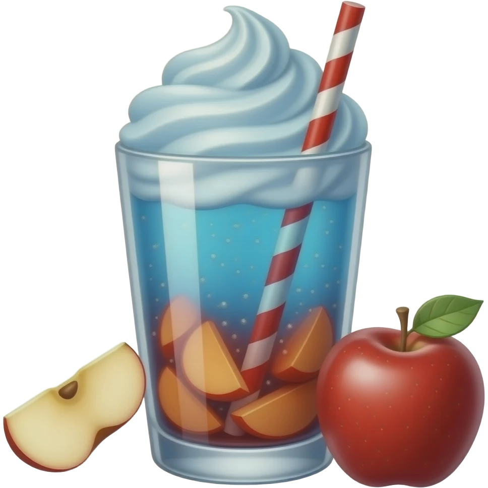 cute red apple cream soda, clear glass cup, bright red apple pieces filling the bottom, sky blue soda layer, sky blue whipped cream swirl on top, glossy 3d emoji style, no background, no text emoji