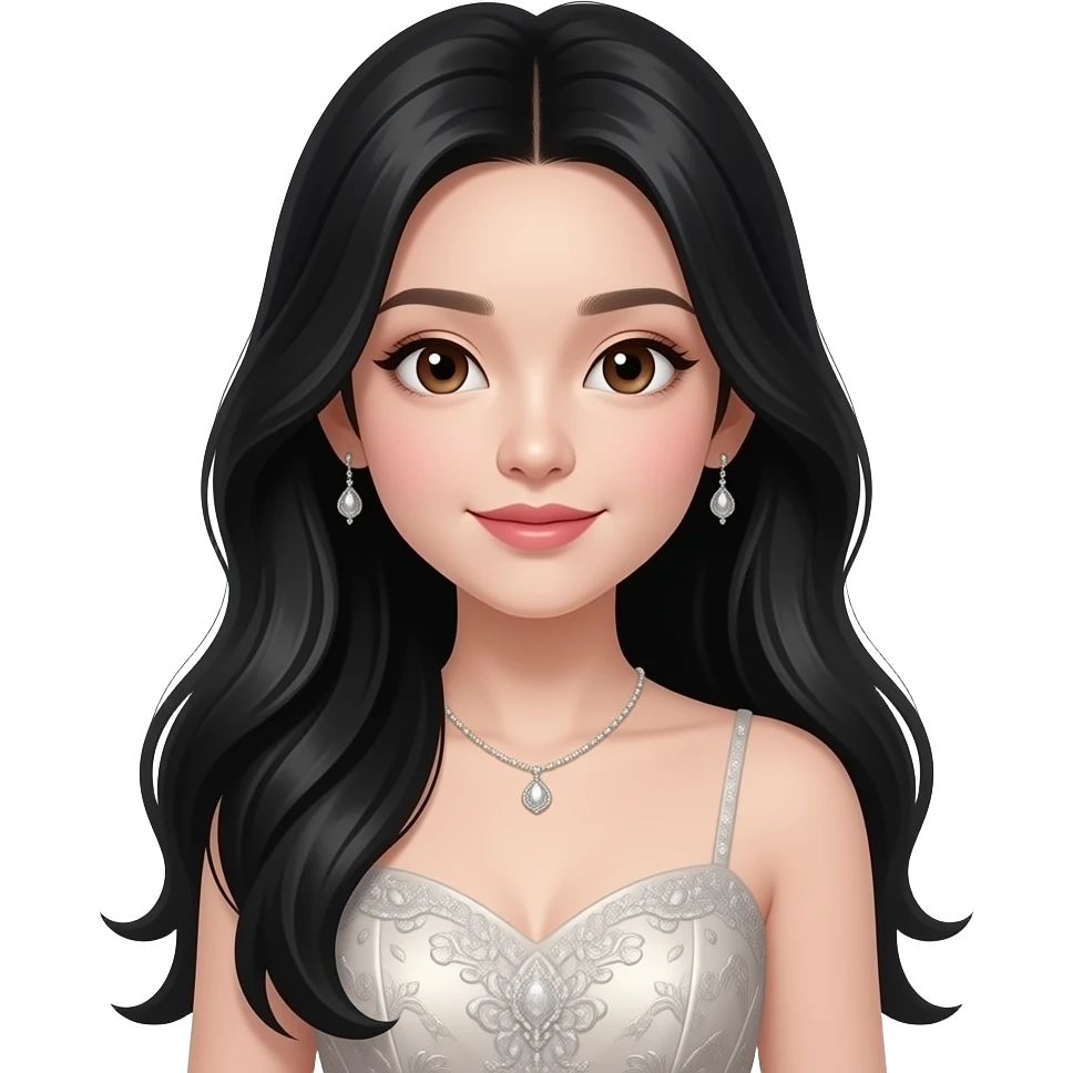A Chinese teen girl with long black hair in a fancy dress with brown eyes wearing make up emoji