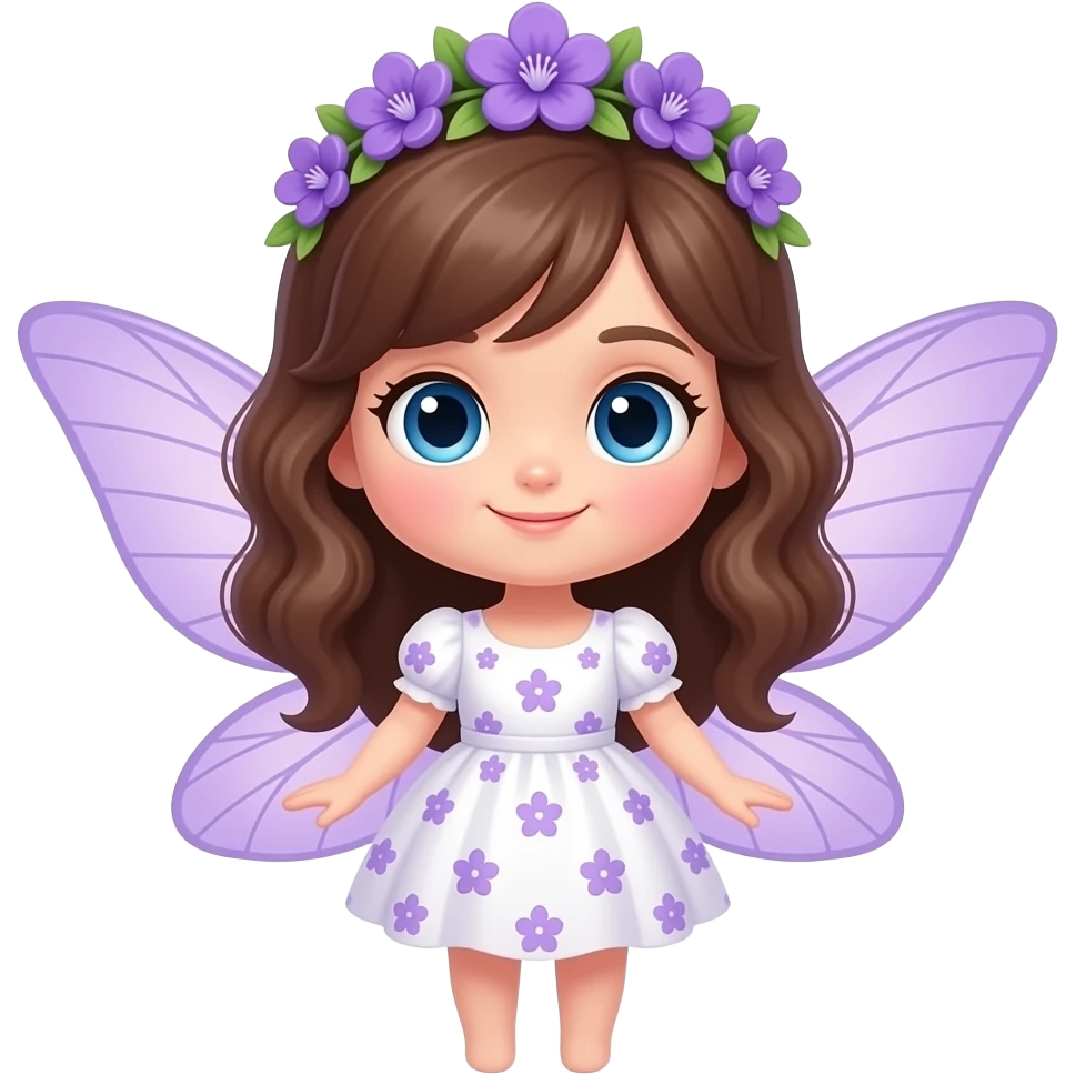 Cute cartoon fairy with large blue eyes and brown hair styled in soft, wavy locks reminiscent of violet petals in a violet flower crown, wearing a white dress with a delicate violet floral pattern, her translucent light violet wings spread emoji