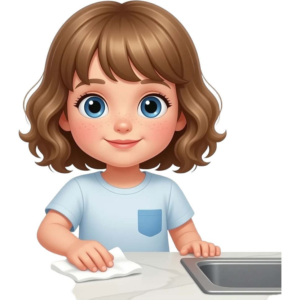 white kid blue eyes mid length hair to shoulders with bangs soft curly hair to shoulders in color: middle to little darker blond. help around the house. with dusting, wipe surface etc emoji