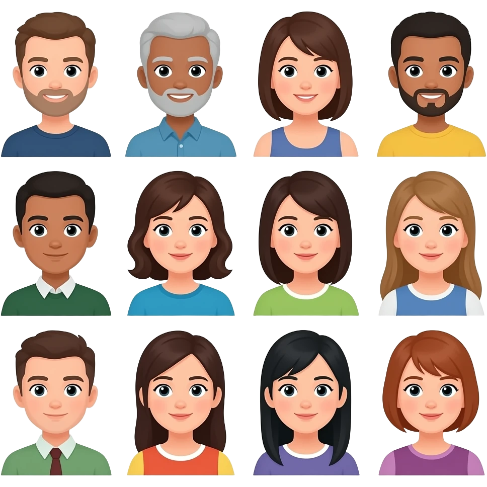 10 different male and female  character with different faces and different ages are not wearing balck emoji