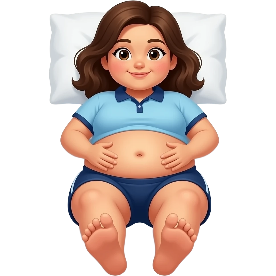 obese hispanic girl with brown hair and light blue and dark blue cropped polo with chubby belly button laying on bed showing feet belly rolling emoji