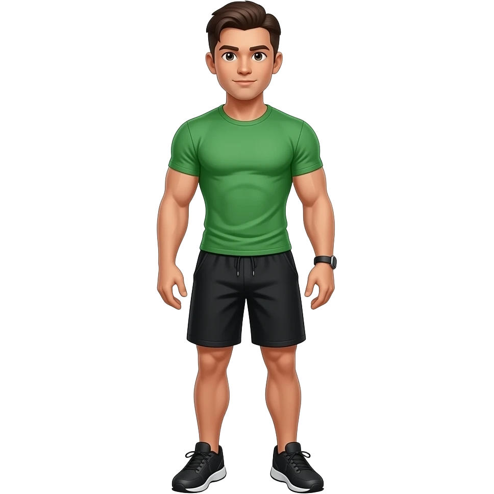 muscular jock with dark brown hair, combed back, wearing a green t-shirt, black shorts, black athletic shoes and a slender black rubber bracelet emoji