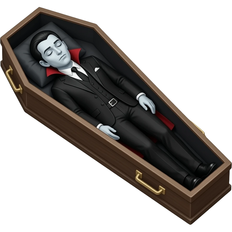 create a full long coffin with a pale male vampire sleeping inside it wearing full black clothes emoji