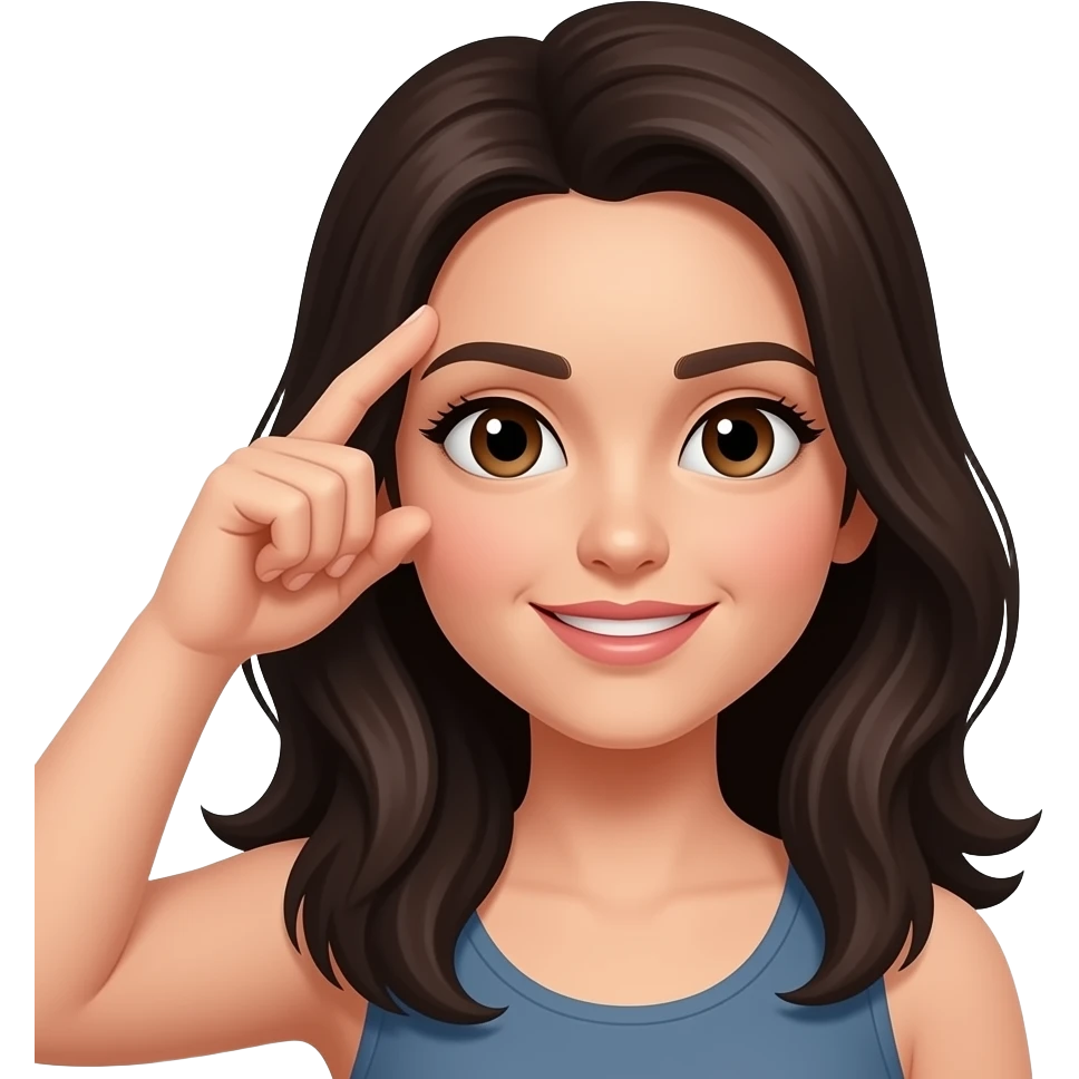 Woman with dark long hair brown eyes L fingers on forehead emoji