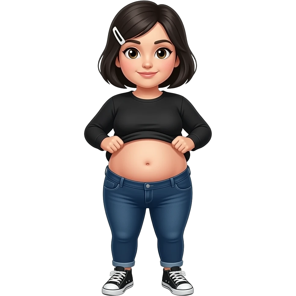 White woman with black short hair, white hair clip on the left of her hair, plain black long sleeve shirt, dark blue jeans, white and black sneakers, and a chubby body lifting her shirt to show her clean chubby belly emoji