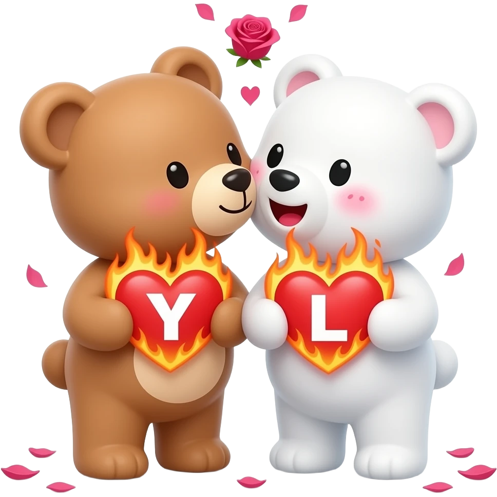 I want one light brown bear teddy kissing on cheek white bear teddy both holding heart fire , both a little furry, the  white bear blushes and smiles , add letter Y to the heart of the brown bear and letter L to the heart of the white bear , rose petals falling from sky , passion emoji