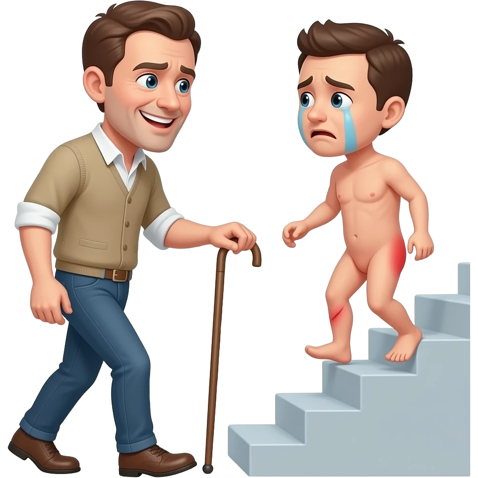 A cruelly smiling clothed man with a thin cane is marching a small, crying, naked man up a flight of stairs by the ear, his red buttocks are very bruised. emoji