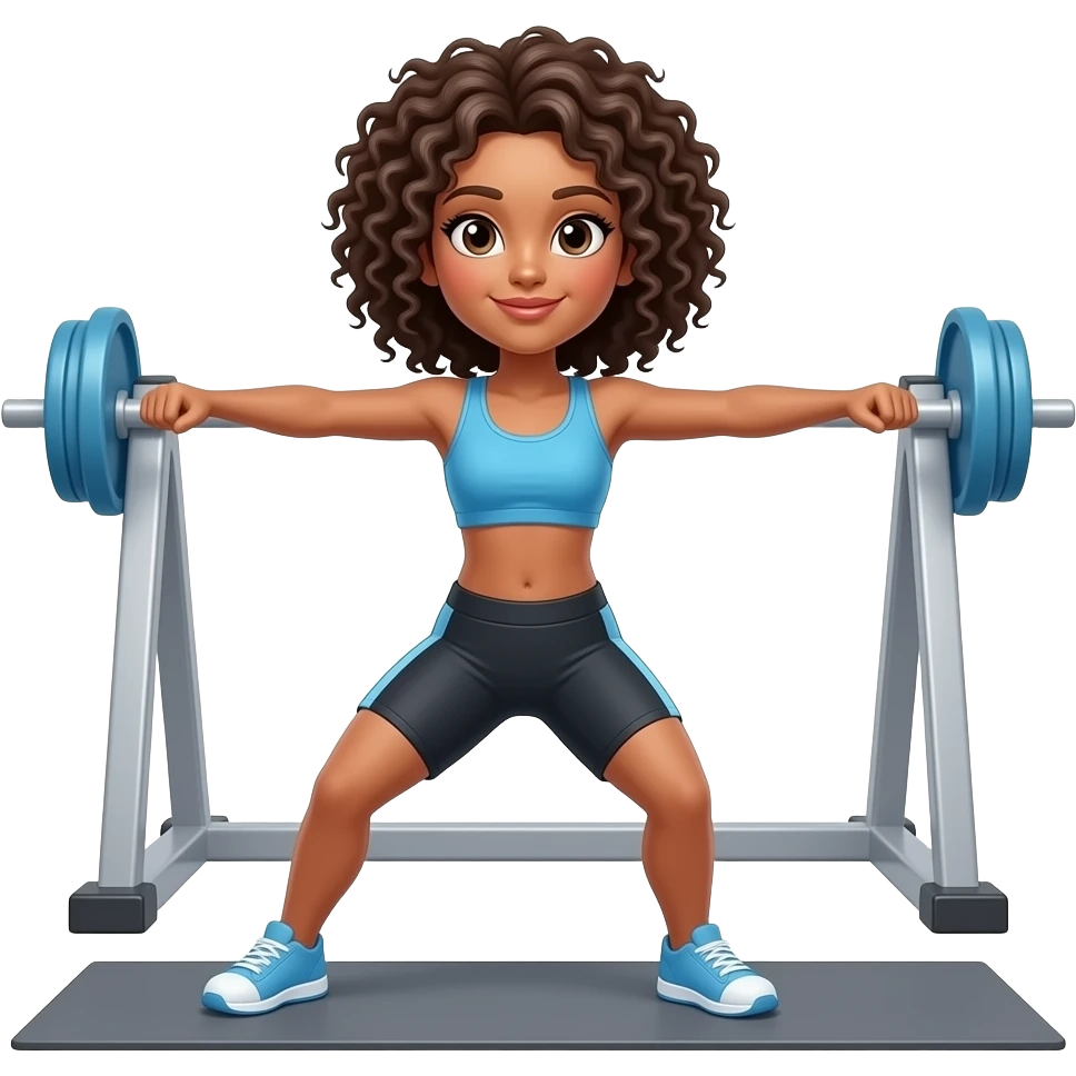 Fazendo exercício na academia moça morena de cabelo cacheado emoji