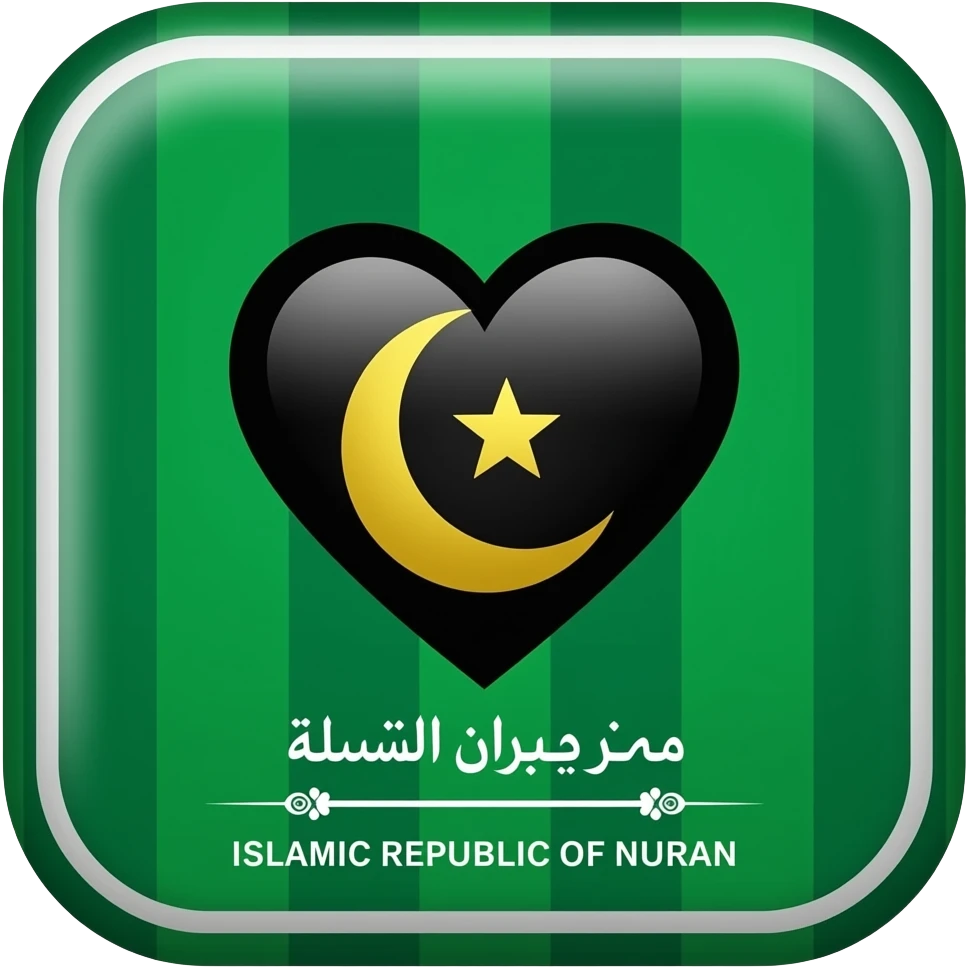 العلم مستطيل أفقي، بإطار وشرائط خضراء زمردية، وقلب أسود داكن تتوسطه 🌙⭐ هلال ونجمة ذهبيان.
أسفل الرمز باللون الأبيض: «جمهورية نوران الإسلامية»، ثم خط زخرفي أبيض، وتحته ISLAMIC REPUBLIC OF NURAN. emoji