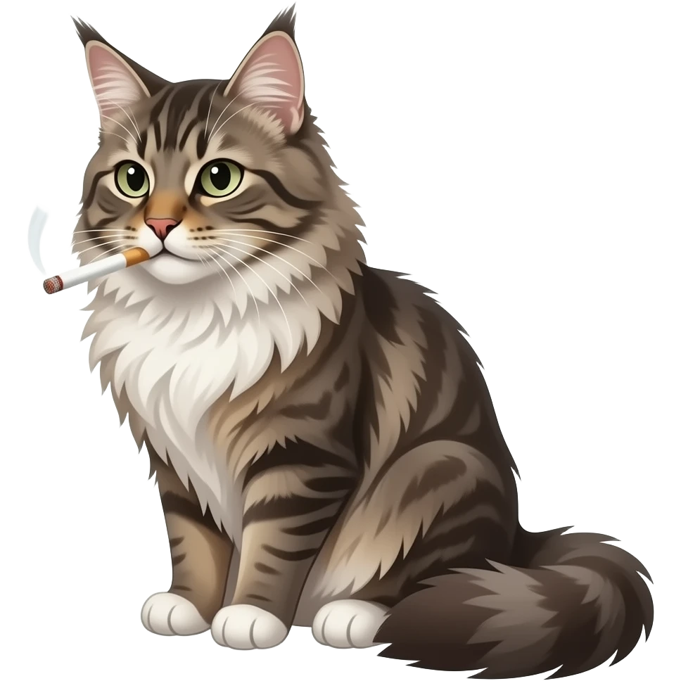 Кот мейнкун задумчиво курит сигарету/ emoji