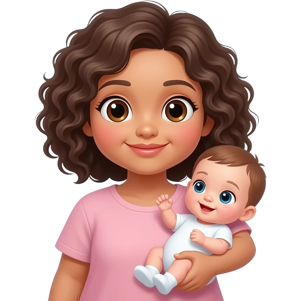 Brown chubby asian women with large eyes with curly hair holding a baby emoji
