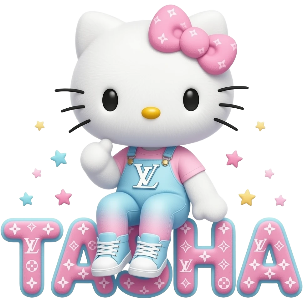 4D Velvety fur texture hello kitty wearing ombre white and blue and pink ombre pastel colored leggings and sneakers, and with the Louis Vuitton symbol on her ombre pastel bow sitting sideways on top of the velvety 3D outlined letters TASHA and surrounded with tiny ombre pastel stars made of candy emoji