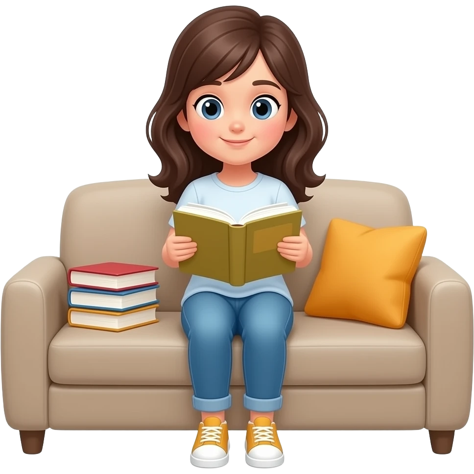 девушка с темными волосами сидит на диване и читает книги emoji