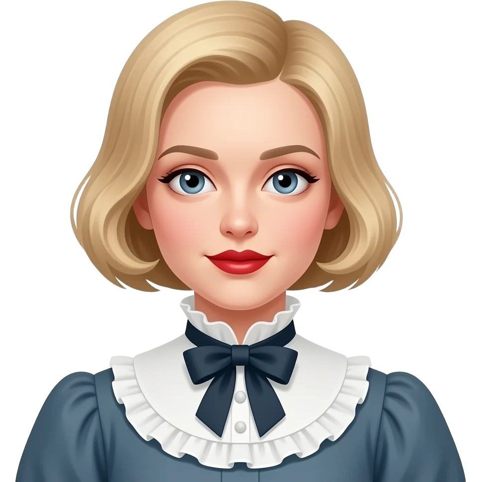 Victorian look with blonde short hair side swept, Victorian outfit with red lipstick emoji