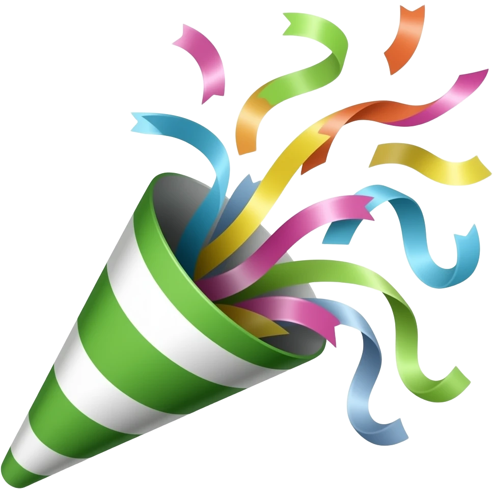 ios emoji style green party popper  with confetti flying out from inside emoji