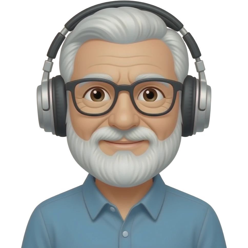 non beared face of an elderly person with wireless headphones mouth close listening the sound from headphone happly emoji
