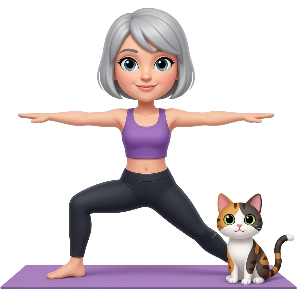 a female short gray hair yoga teacher doing yoga warrior pose with her cat emoji
