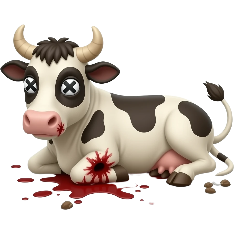 vaca muy muy flaca con equis en los ojos acostada en el piso con una herida de sangre emoji