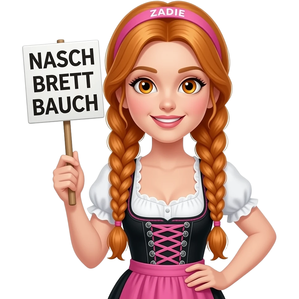 sexy girl with overlong ginger braids and ginger eyes wearing a black pink dirndl and a pink headband with ZADIE written on it, is holding a sign with NASCH BRETT BAUCH written on it emoji