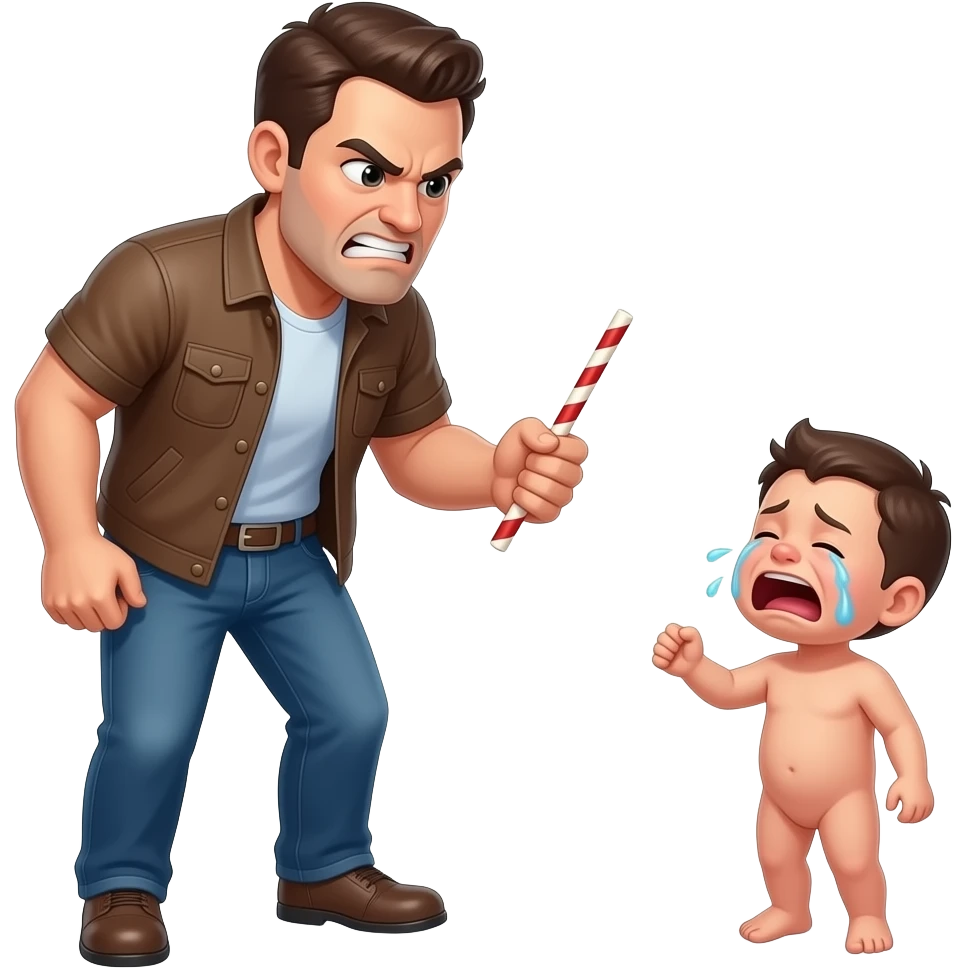An angry clothed man with a thin whippy stick  and a loudly crying small naked man facing each other with full bodies shown n emoji
