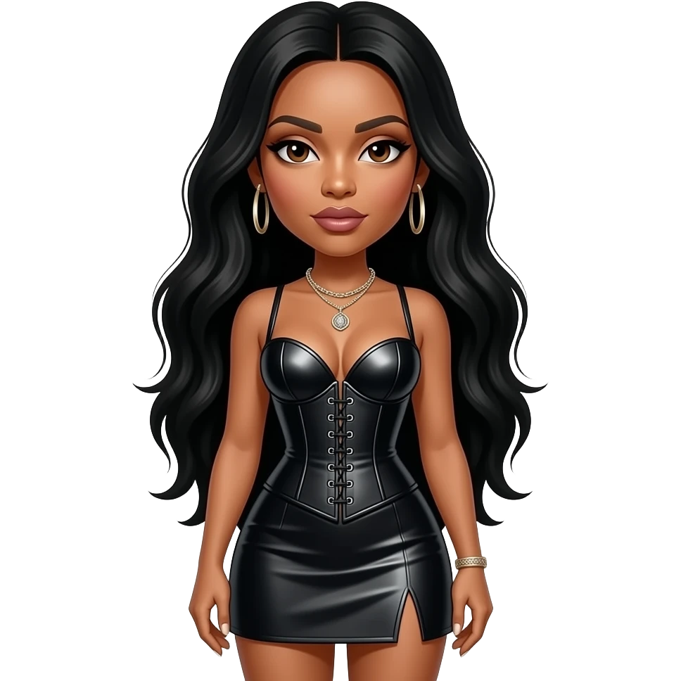 Lil Kim with dark brown eyes, long black hair, black metallic corset, black metallic short skirt, necklace and earrings emoji