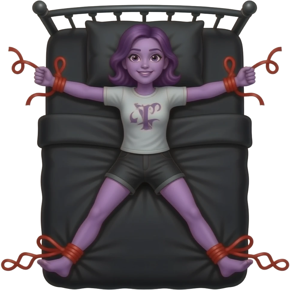 Violet Parr, Tied to a black bed, arms and legs spread, tied to the corners of the bed, black sheets, black pillow red silk ropes emoji