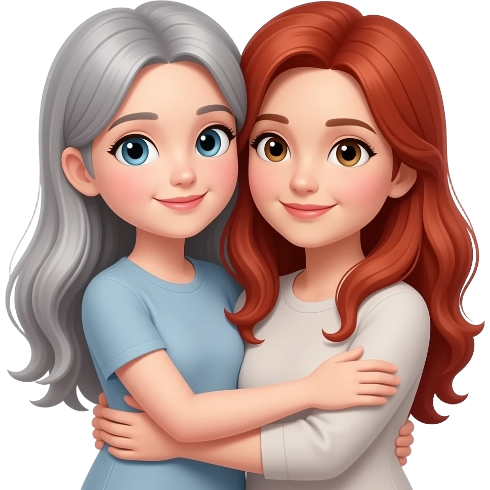 tall grey haired girl, red head mother, hugging emoji