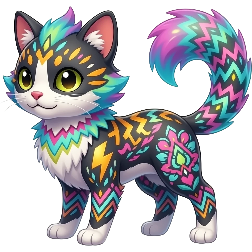 Colorful unique fantasy original shiny smooth soft flurry edgy cool Civet-Absol-Sprigatito-Vaporeon-Fakémon-hybrid with tribal chevron heart floral lightning bolt strikes damask paisley markings emoji