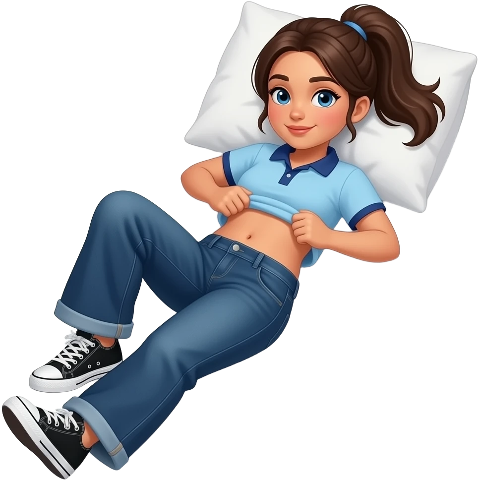 Hispanic girl with brown ponytail and blue eyes light blue dark blue lined polo and dark blue baggy jeans and belly button and black and white sneakers laying down on the pillow in bed lifting her shirt rolling her tummy emoji