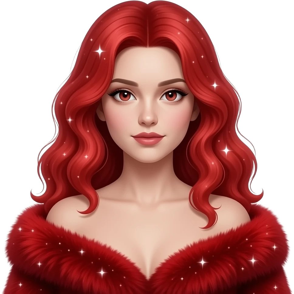 Hyper realistic fire red velvet fur soaked in starlight glitter and shadow gradients beautiful, shoulder bust emoji