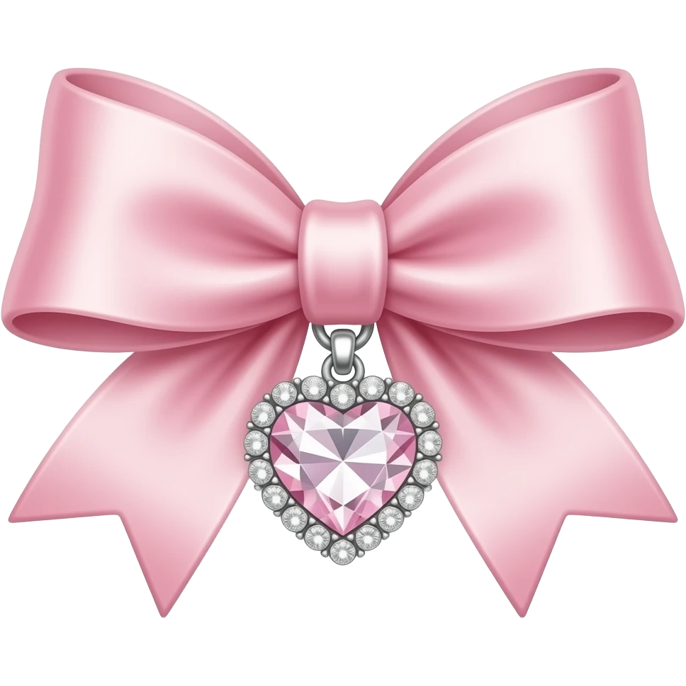 light Pink satin ribbon bow with a heart shaped diamond pendant, aesthetic pastel pink, jewelry design. emoji