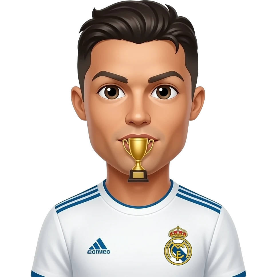 Cristiano Ronaldo emoji avatar, Real Madrid jersey, cute cartoon style. One small identical golden trophy floating in front of the mouth. emoji