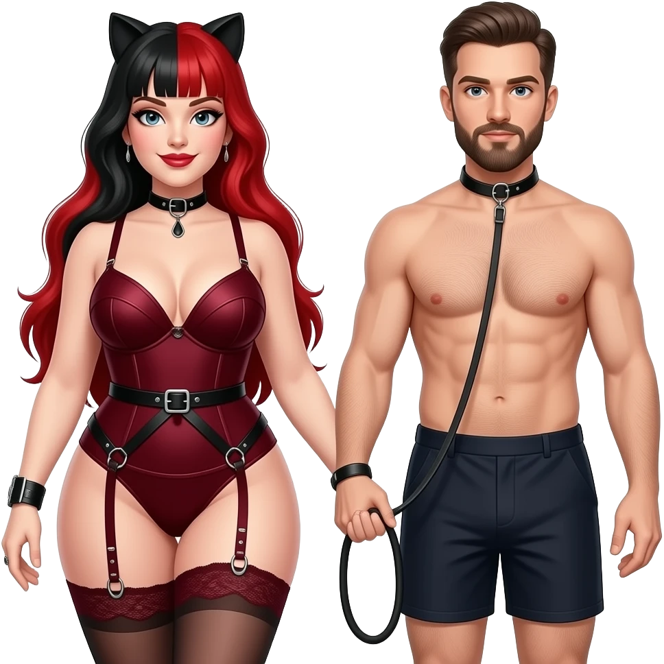 Dominatrix wearing a darkred  bdsm style harness lingerie. White skin, chubby, dark Make the girl have long red and black hair and male partner in boxers getting walked on a leash collar on neck with goatee facial hair emoji