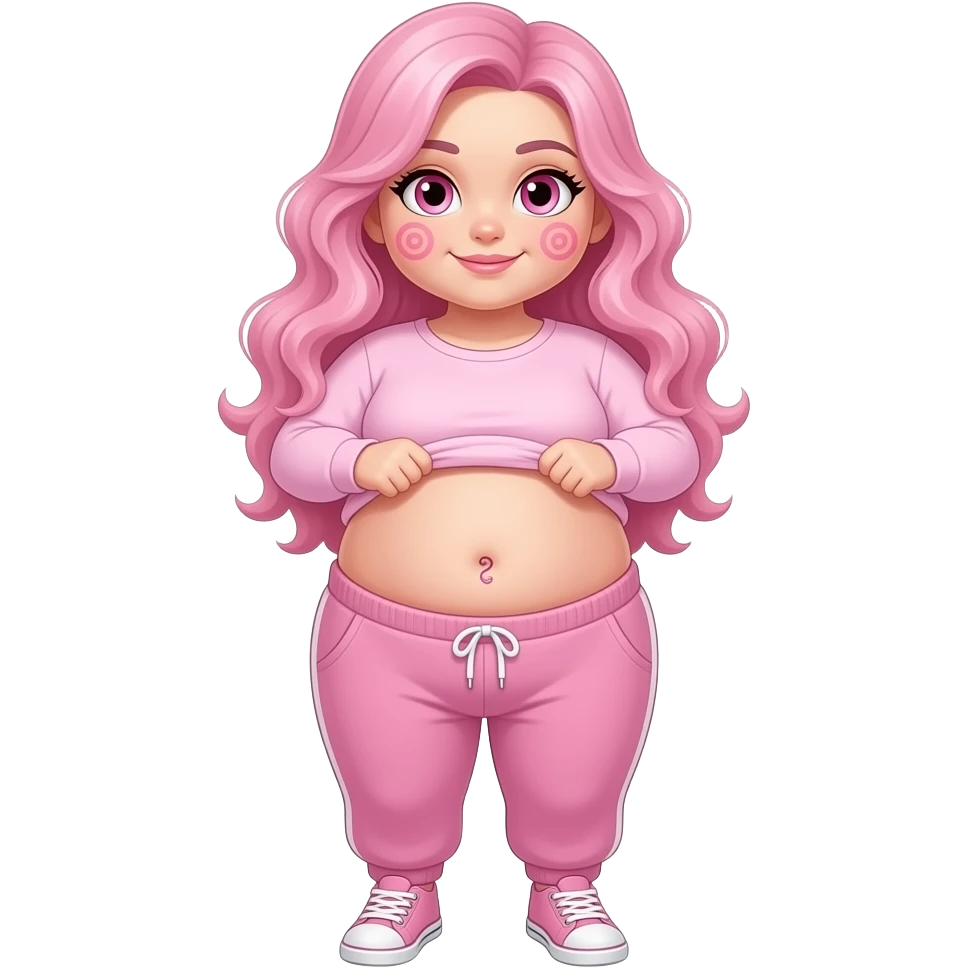 White obese girl pink eyes light pink swirly long hair pink swirl cheeks light pink plain long sleeve shirt light pink sweat pants light pink shoes lifting her shirt showing pink swirly belly button emoji