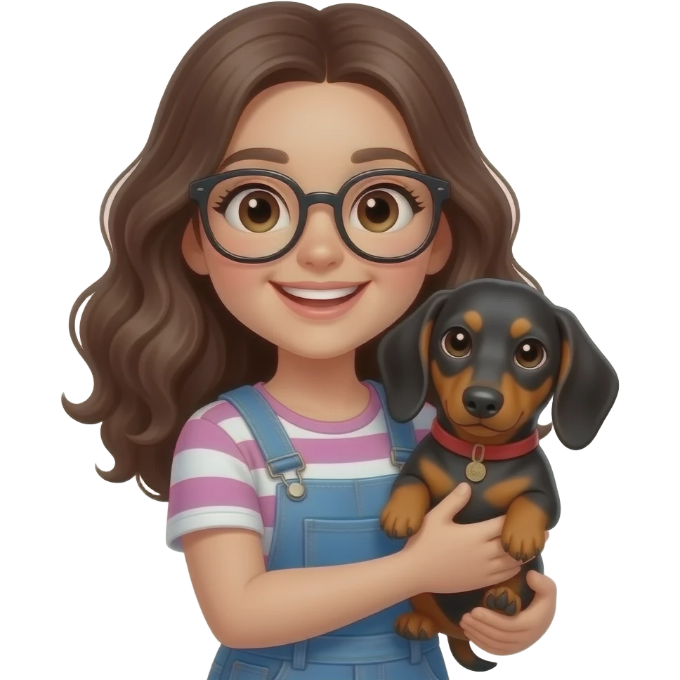 brunnete girl with big smile and glasses holding a daschund emoji