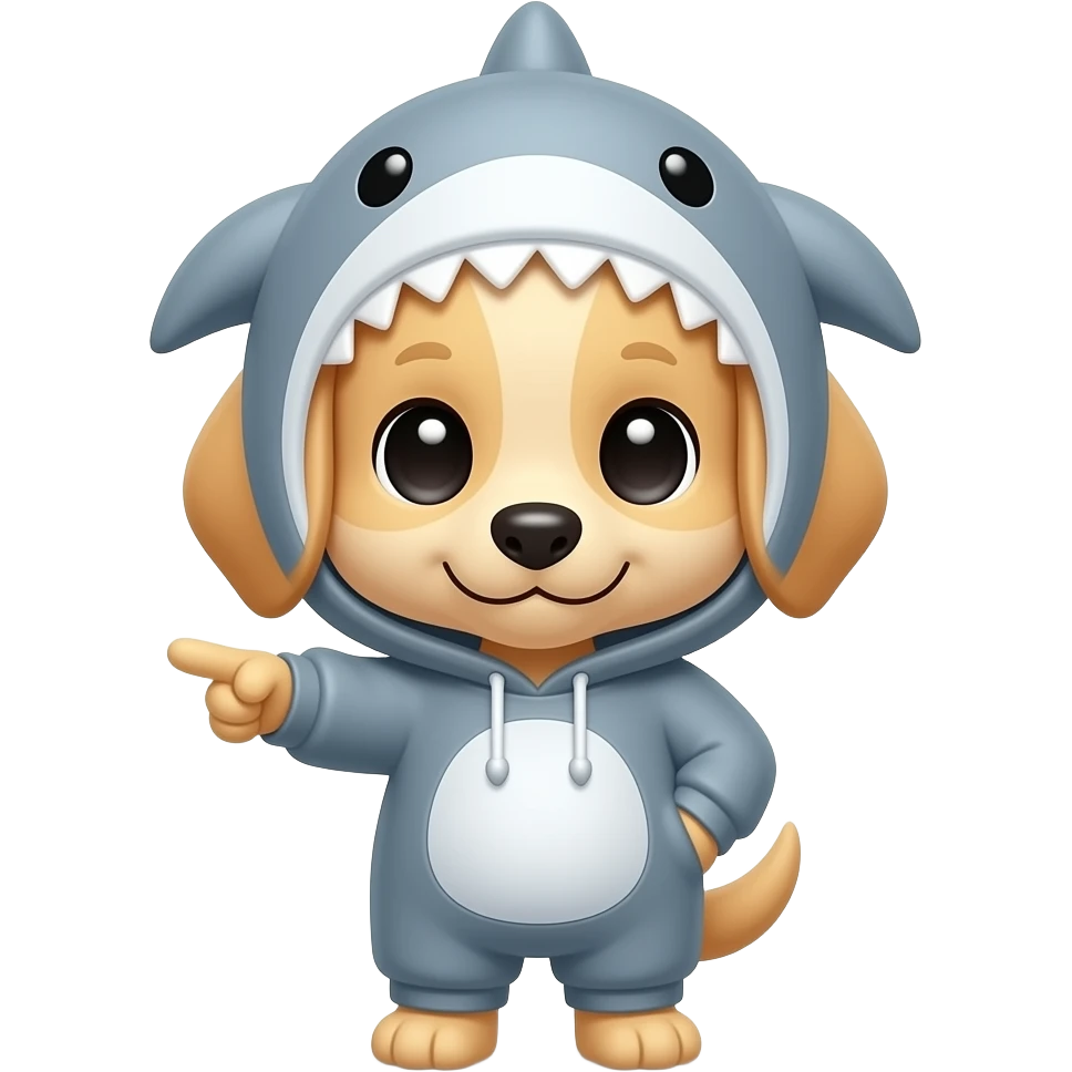 cute blonde puppy with grey shark hoodie pointing down emoji