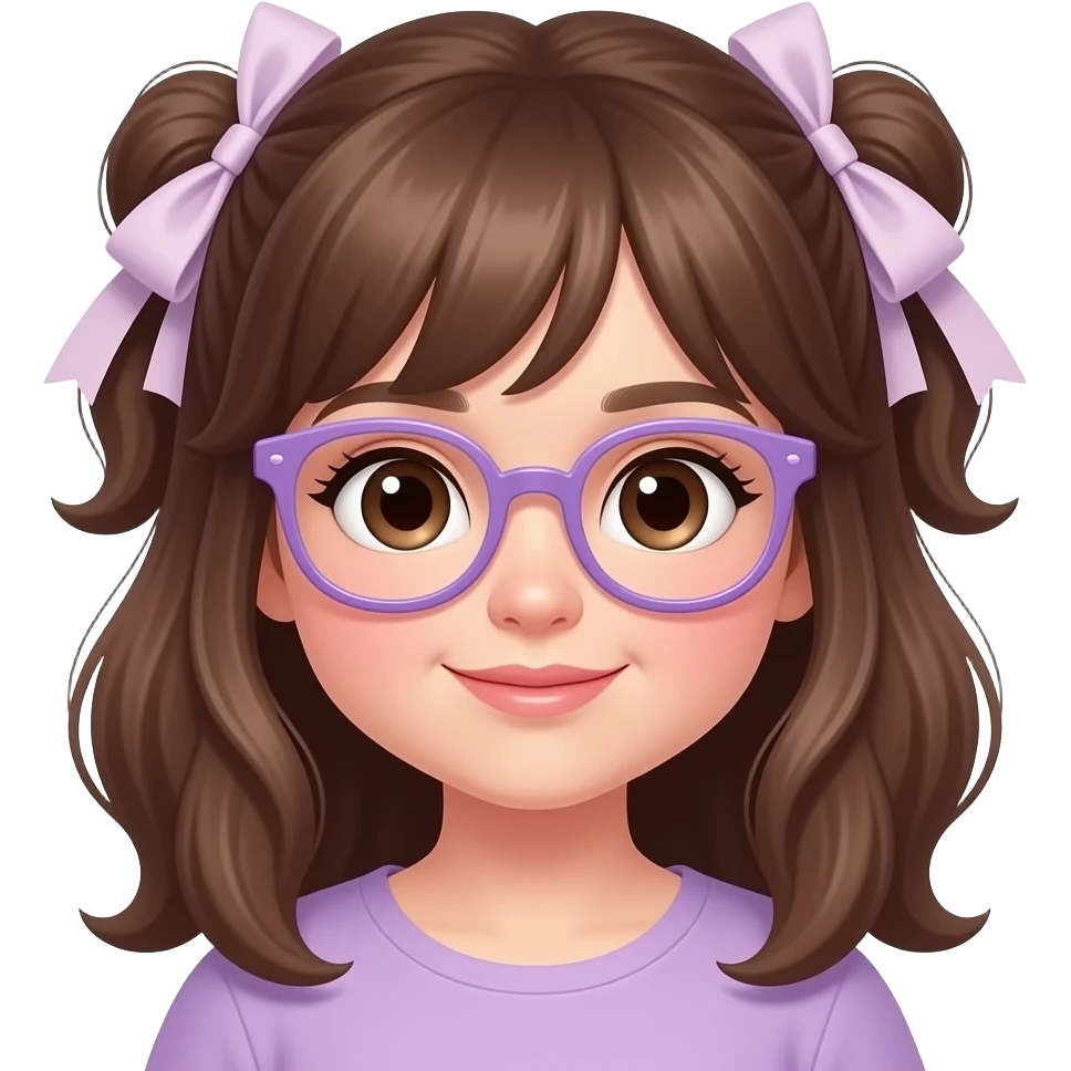 Chica linda pelo marrón y moños en el pelo y poco en sobre peso y morocha con gafas moradas pastel emoji