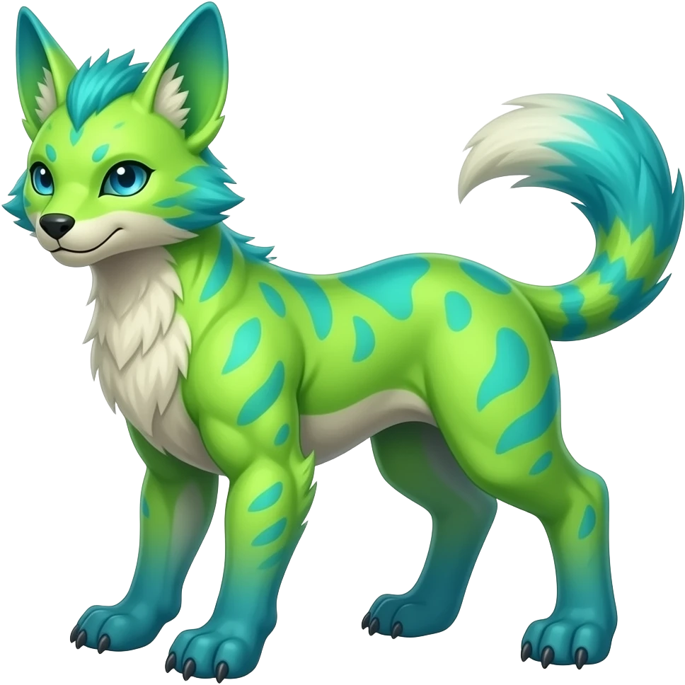 Feral Rare Fantasy vibrant tropical exotic neon-lime green and cyan Vernid-Trico-species-creature by LiLaiRa, random markings, tufted tail, tufted ears, full body emoji