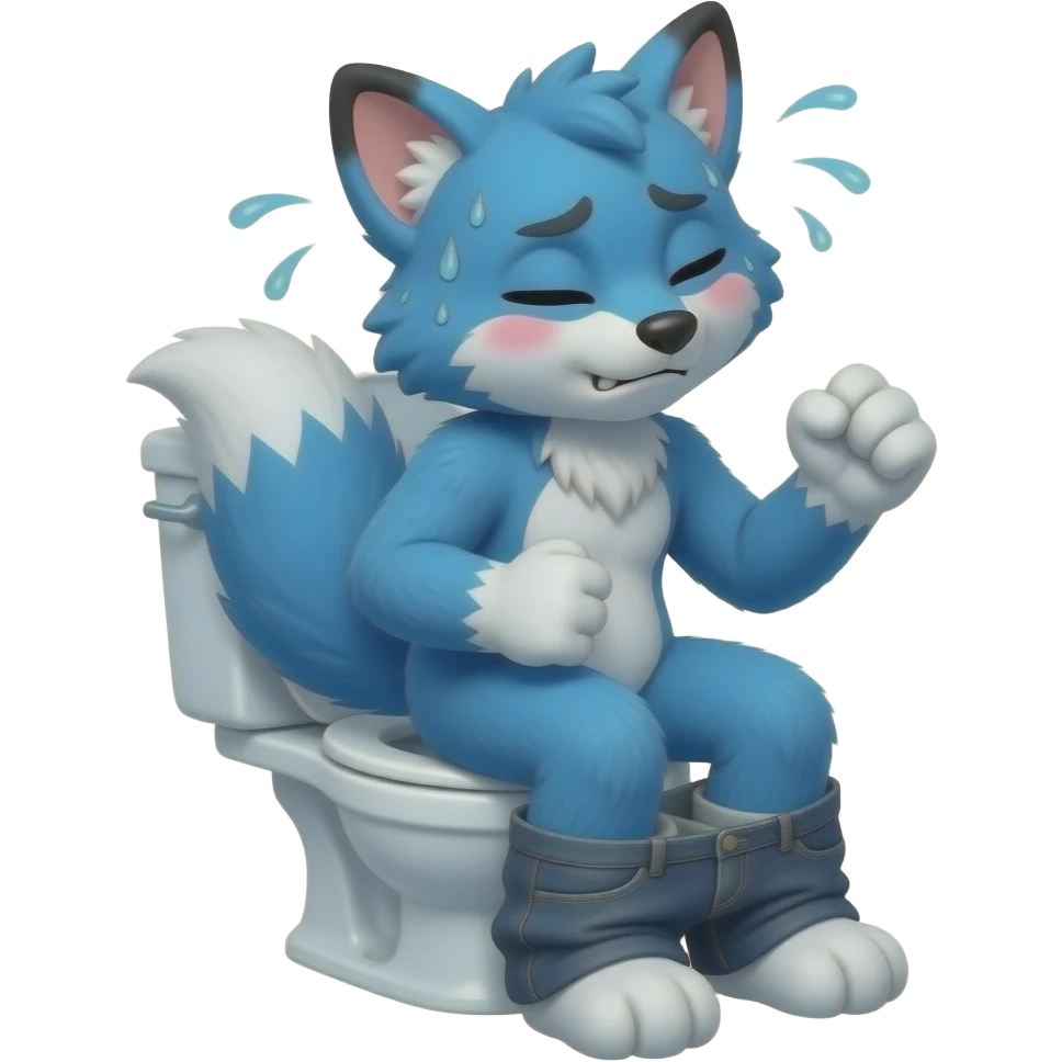 blue fursuit sitting on toilet, side view , pants down, pushing, eyes closed, straining face, red face, sweating, fists emoji