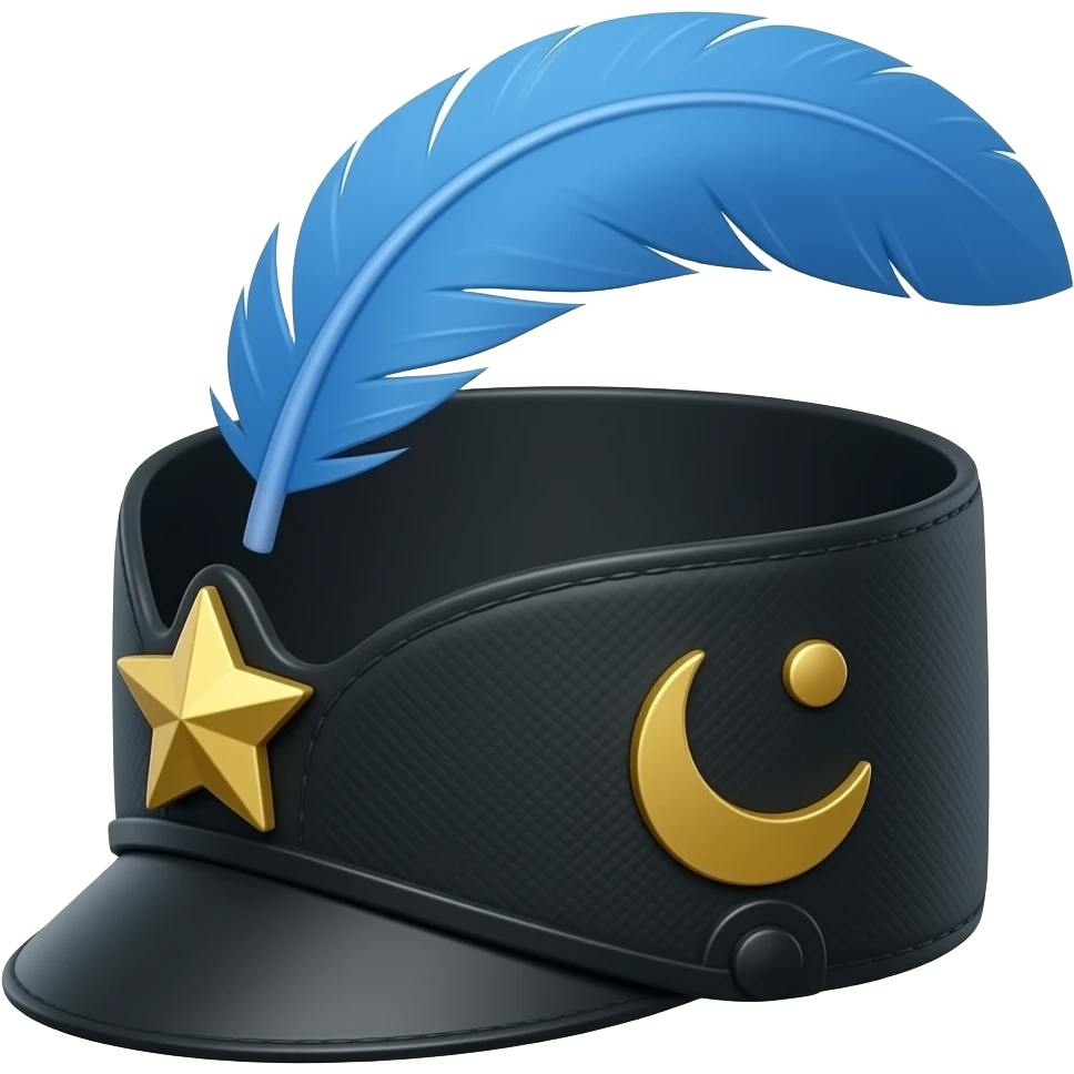 Black Breton Cap military hat with gold stars and crescent pins on the side, and a sky blue feather on the side pointing backwards emoji