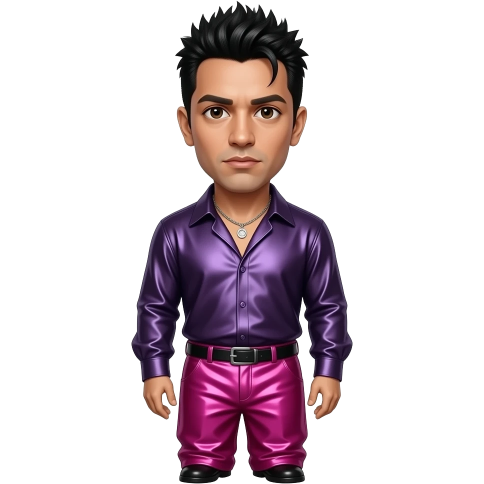 Chino Moreno with dark brown eyes, black spiky hair, dark purple metallic blouse, hot pink metallic baggy pants, necklace emoji