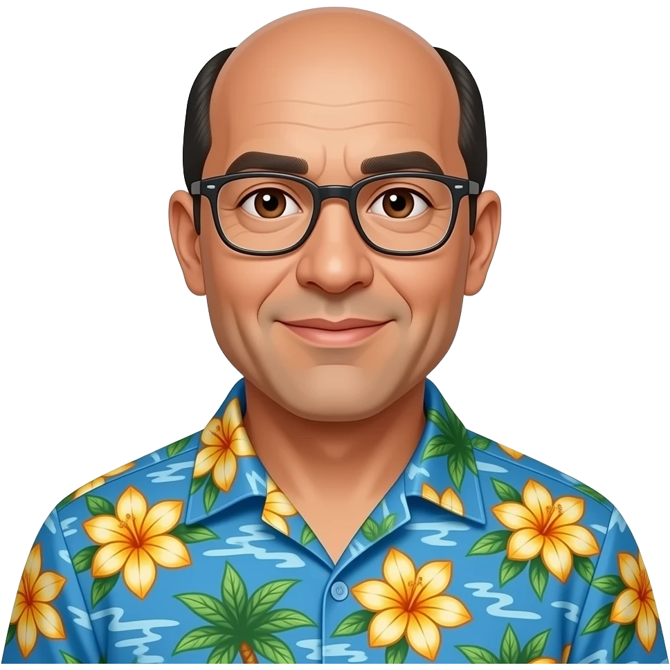 balding man, brown eyes and glasses, hawaiian shirt, hispanic complection emoji