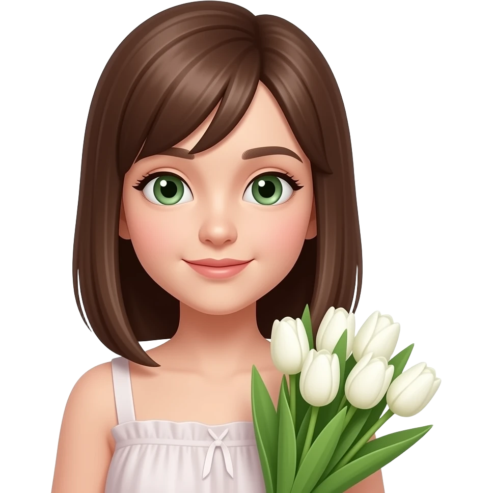 a closeup picture of a girl in a simple dress with straight brown hair and green small eyes with a bouquet of white tulips to the side emoji